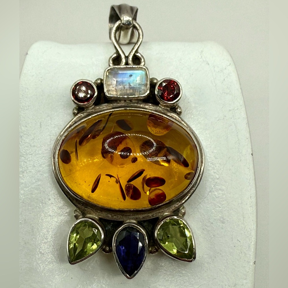 Vintage Baltic Amber Set in a Sterling Silver Pendant w Multi-Gemstone Accents
